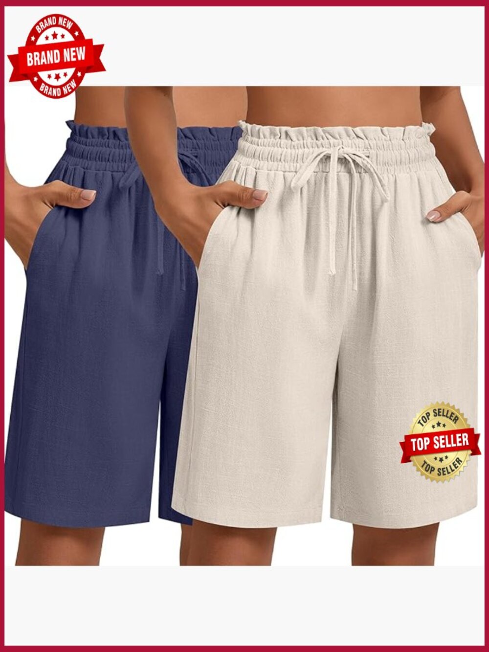 Wide Leg Bermuda Shorts with Pockets Linen High Waisted Drawstring
